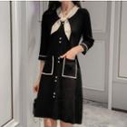 Contrast Trim Tie-neck 3/4-sleeve Knit A-line Dress