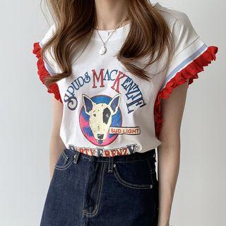 Dog Printing Frilled Trim Short-sleeve Top