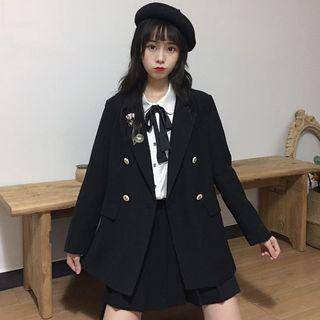 Button Blazer / Mini Pleated Skirt / Bell-sleeve Shirt