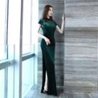 Mesh Panel Short-sleeve Velvet Maxi Qipao