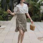 Set: Short-sleeve Lace Trim Blouse + Flower Print Pencil Skirt
