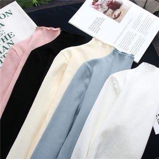 Long-sleeve Mock-neck Frill-trim T-shirt