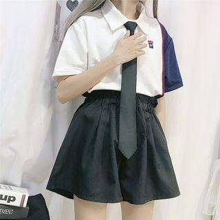 Color Block Short-sleeve Polo Shirt / Wide Leg Shorts