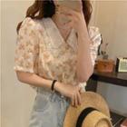 Elbow-sleeve Ribbon Print Button-up Blouse