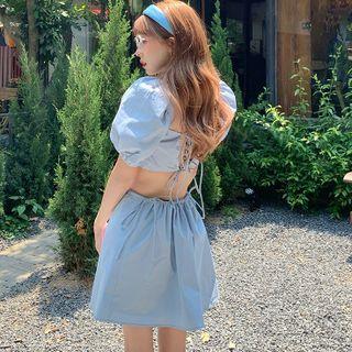 Puff-sleeve Open-back Lace-up Mini A-line Dress Blue - One Size