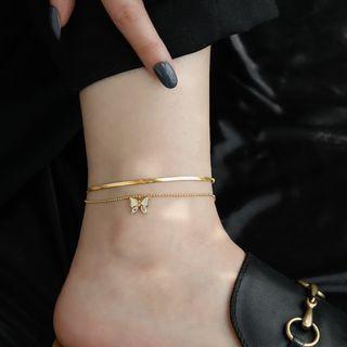 Butterfly Shell Pendant Layered Stainless Steel Anklet Anklet - Butterfly - Gold - One Size