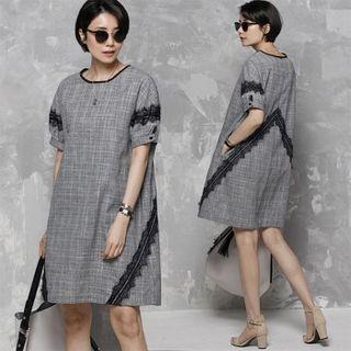 Lace-trim Checked Linen Blend Dress