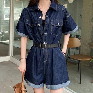 Set: Elbow-sleeve Denim Romper + Belt