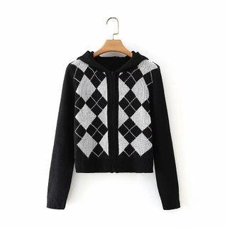 Argyle Hooded Zip Cardigan Black - One Size