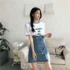 Lettering Short-sleeve T-shirt / Double-breasted A-line Denim Skirt