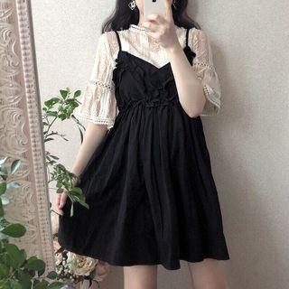 Set: Short-sleeve Lace Blouse + Ruffled Overall Dress