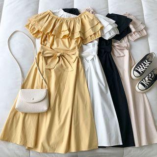 Off-shoulder Ruffle-trim Plain Dress