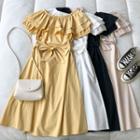 Off-shoulder Ruffle-trim Plain Dress