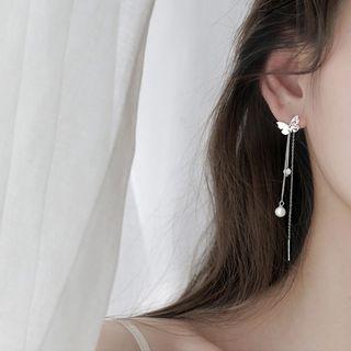 925 Sterling Silver Faux Pearl Butterfly Fringed Earring 1 Pair - 925 Silver - Butterfly - Silver - One Size