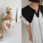 Wide Contrast-collar Shirred Midi Dress