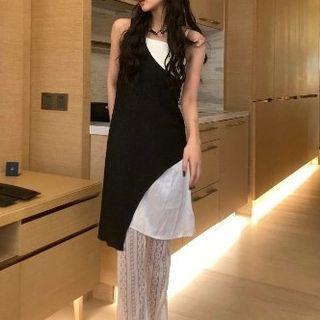 Spaghetti Strap Mock Two-piece Dress / Lace Boot-cut Pants