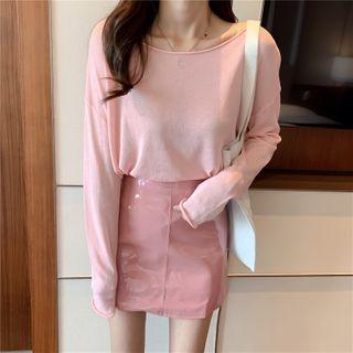 Long-sleeve Top / Mini A-line Patent Skirt