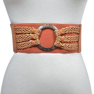 Round Buckled Woven Wide Belt Tangerine Red - One Size