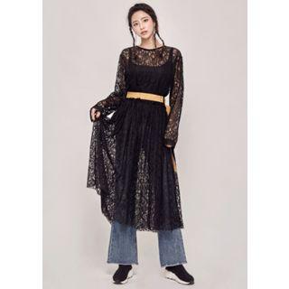 Shirred-waist Sheer Lace Long Dress