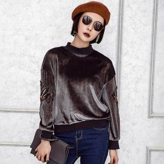 Embroidered Mock Neck Velvet Pullover