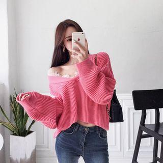 V-neck Lace-trim Oversized Knit Top