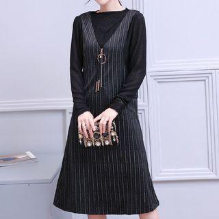 Set: Long-sleeve Top + Pinstriped Sleeveless A-line Dress