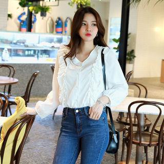 V-neck Bishop-sleeve Frilled Blouse