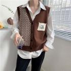 V-neck Pattern Panel Button-up Cropped Sweater Vest