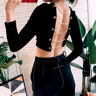 Chain Detail Open Back Long-sleeve Crop Top