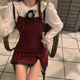 Lace-up Blouse / Sleeveless Houndstooth Slit Dress