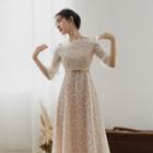 Off-shoulder Lace Elbow-sleeve Midi A-line Dress