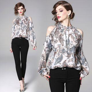 Long-sleeve Cold Shoulder Pattern Top As Shown In Figure - One Size