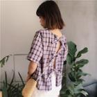Lace-up Back Plaid Short-sleeve Top