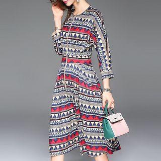 3/4-sleeve Printed Zip-front Dress