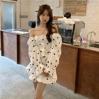 Long-sleeve Off-shoulder Floral Print Cropped Blouse / Puffy Mini Skort