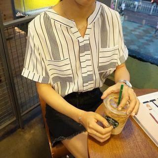 Short Sleeve V-neck Striped Blouse