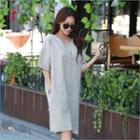 V-neck Elbow-sleeve Linen Dress