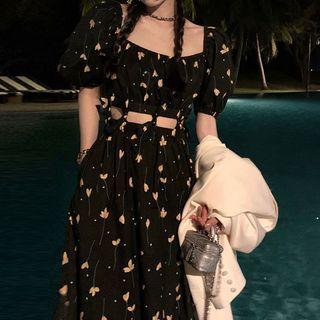 Short-sleeve Print Cutout A-line Midi Dress