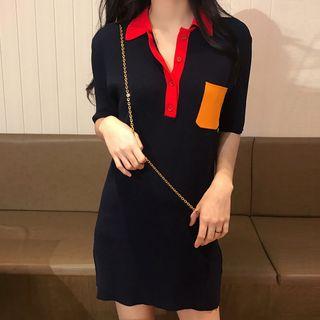 Short-sleeve Color Block Knit Polo Dress
