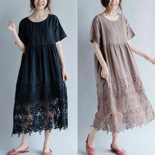 Crochet Hem Short Sleeve Midi Dress