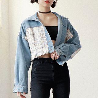 Tweed Panel Tasseled Cropped Denim Jacket