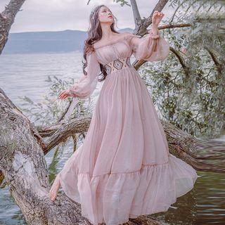 Long-sleeve Off Shoulder Patterned Panel Maxi Dress