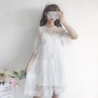 Set: Short-sleeve Lace Dress + Slipdress Set - White - One Size