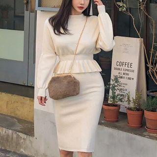 Mock-neck Peplum Sweater Dress Beige Almond - One Size