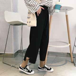 Plain Elastic-waist Cropped Wide-leg Pants