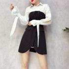 Set : Long-sleeve Blouse + Pinstripe Strapless Dress