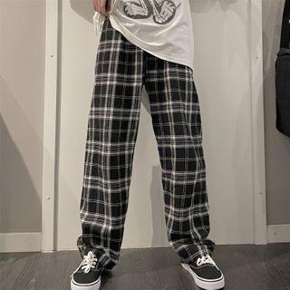 High-waist Plaid Straight-cut Pants Black - One Size
