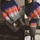 Long-sleeve Diamond Pattern Sweater Dress As Shown In Figure - One Size