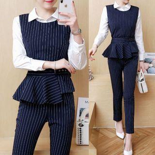 Set: Mock Two-piece Pinstripe Tie-waist Shirt + Cropped Slim Fit Dress Pants