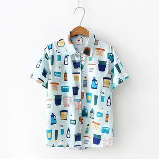 Printed Short-sleeve Shirt Blue - One Size